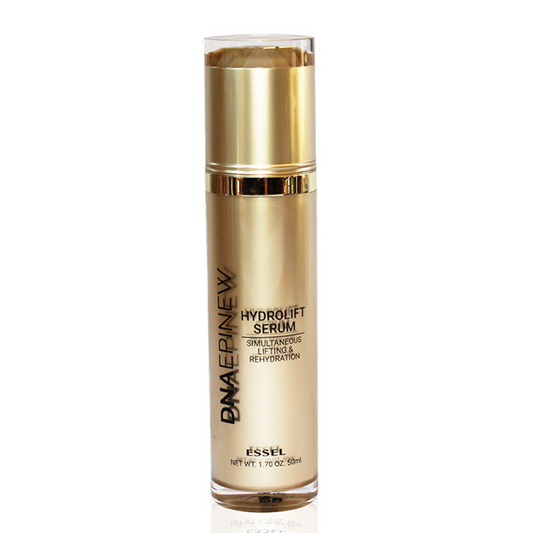 A gold and clear bottle of Essel DNA-EPINEW HydroLift Serum with a pump dispenser.