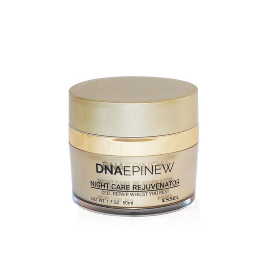 A jar of Essel DNA-EPINEW Night Cream Rejuvenator with a label indicating it is a night care product, 50ml in size.