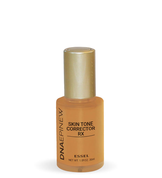 A bottle of Essel DNA-EPINEW Skin Tone Corrector RX with a gold cap on a white background.