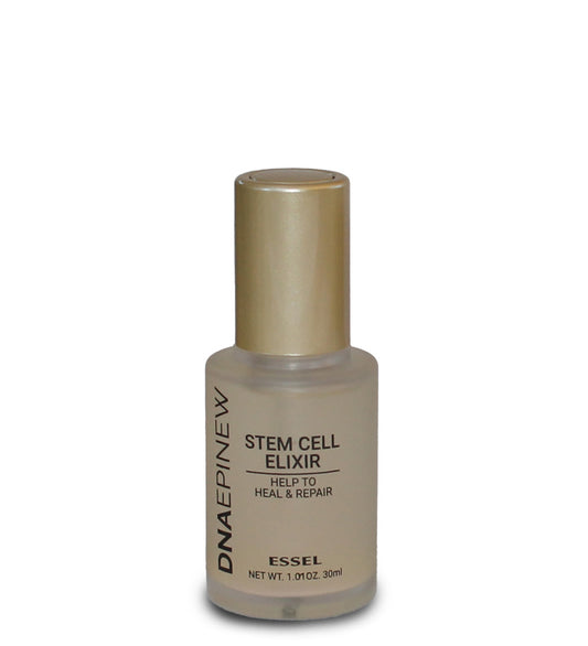 A clear glass bottle with a gold-colored cap labeled 'DNA-EPINEW STEM CELL ELIXIR' from the brand ESSEYEL.