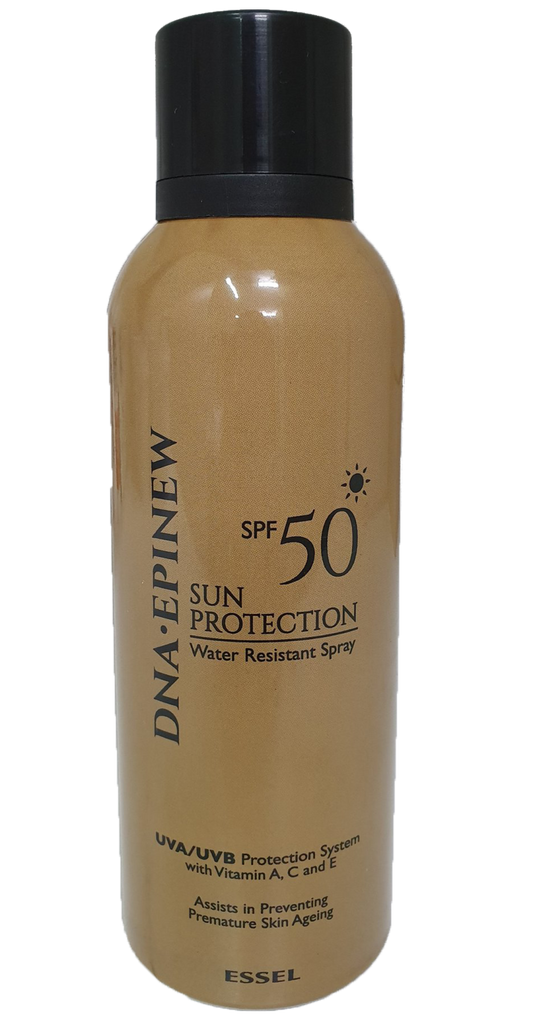 A bottle of Essel DNA-EPINEW Sun Protection Lotion Spray with SPF50+ label, indicating UV protection, in a clear liquid state.