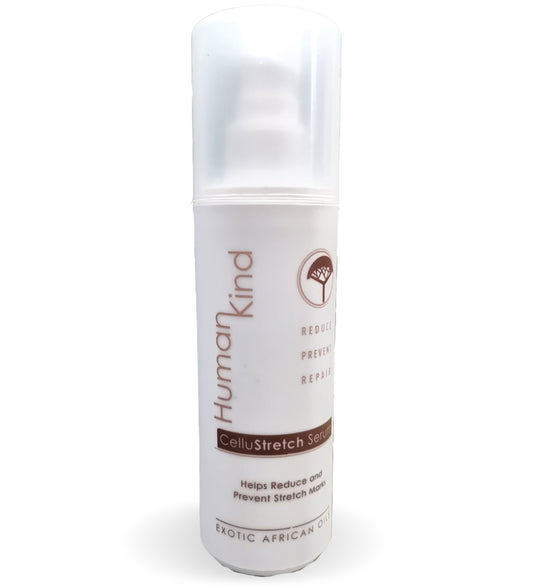 A bottle of Essel HumanKind CelluStretch Serum, which is designed to help reduce stretch marks and prevent them from appearing on the skin.