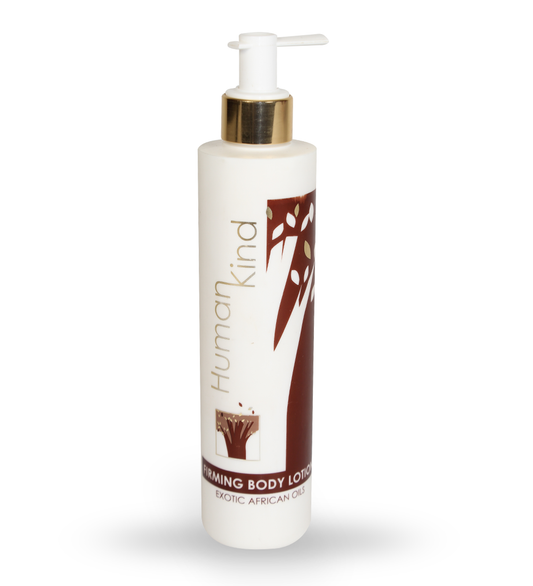 A pump bottle of Essel HumanKind Firm Lotion with a white and gold label, indicating that it is an african oil-based body lotion.