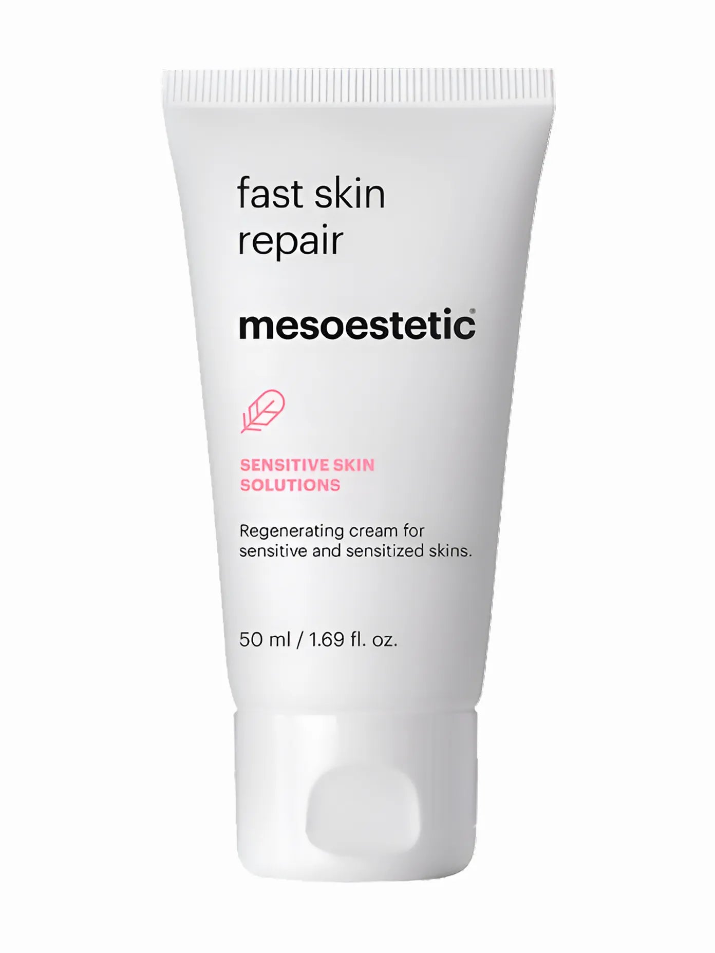 A tube of Mesoestetic Fast Skin Repair lotion for sensitive skin, with a white and pink label, indicating a capacity of 50ml.