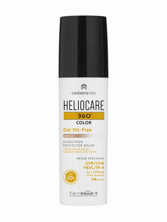 A pump bottle of Heliocare 360 Color Gel Oil Free SPF50+ sunscreen with a label indicating it is oil-free, has UVA/UVB protection, and is suitable for oily skin.