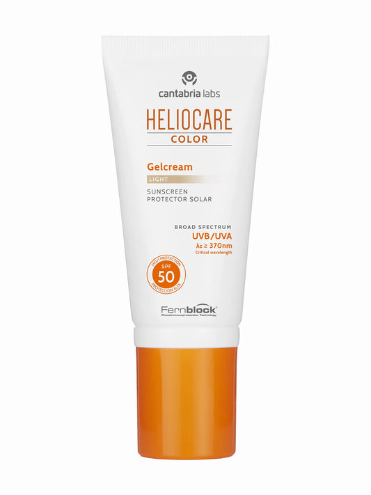 A tube of Heliocare Gel Colour sunscreen with SPF 50, primarily white and orange in color, designed for broad-spectrum UVA/UVB protection.