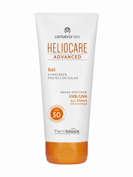 A tube of Heliocare Advanced Gel Sunscreen with SPF 50, indicating broad-spectrum UVA/UVB protection.