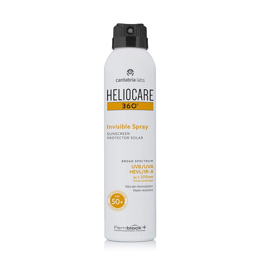 A bottle of Heliocare 360 Invisible Spray, sunscreen with SPF 50+, labeled for all skin types, with a capacity of 200ml.