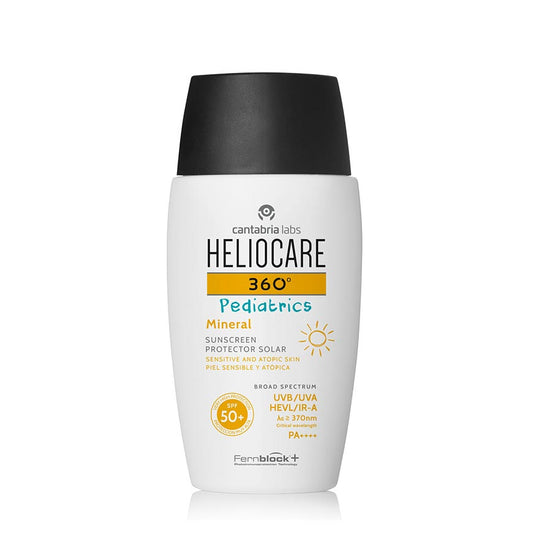 A bottle of Heliocare Pediatric Mineral Sunscreen SPF50+ with a white label and black cap.