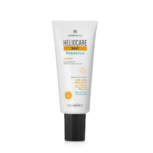 A tube of Heliocare 360 Pediatric Lotion with SPF 50, designed for children's skin, with a white and black color scheme and text indicating it's a pediatric lotion.