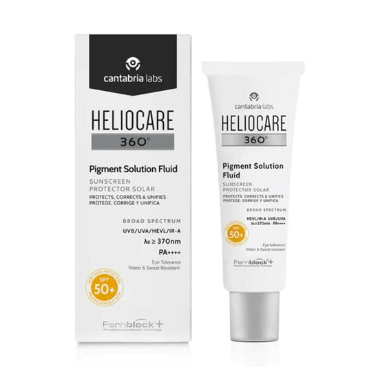 Heliocare 360 Pigment Solution Fluid sunscreen fluid packaging and tube. SPF 50 indicated, very high and broad spectrum protection, water and sweat resistant, and does not irritate the eyes.