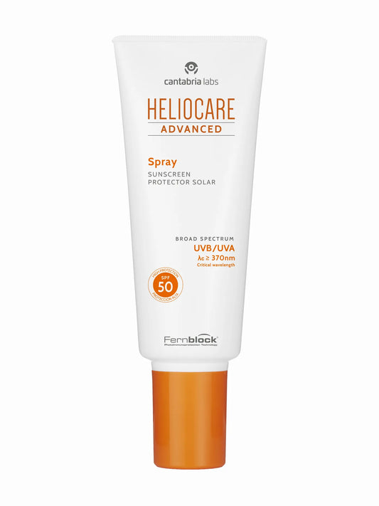A tube of Heliocare Advanced Spray SPF 50 sunscreen with a white body and orange cap.