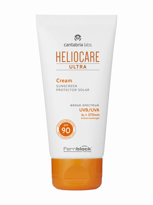 A tube of Heliocare Ultra 90 Creme with SPF50+ protection, indicated for broad-spectrum UVA/UVB filters and antioxidants. Packaging is in white and orange colors with text and branding.