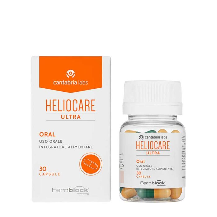 Packaging and bottle of Heliocare Ultra oral capsules, with 30 capsules mentioned on the label.