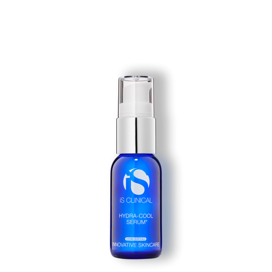 A pump bottle of iS Clinical Hydra-Cool Serum with a visible blue liquid inside.