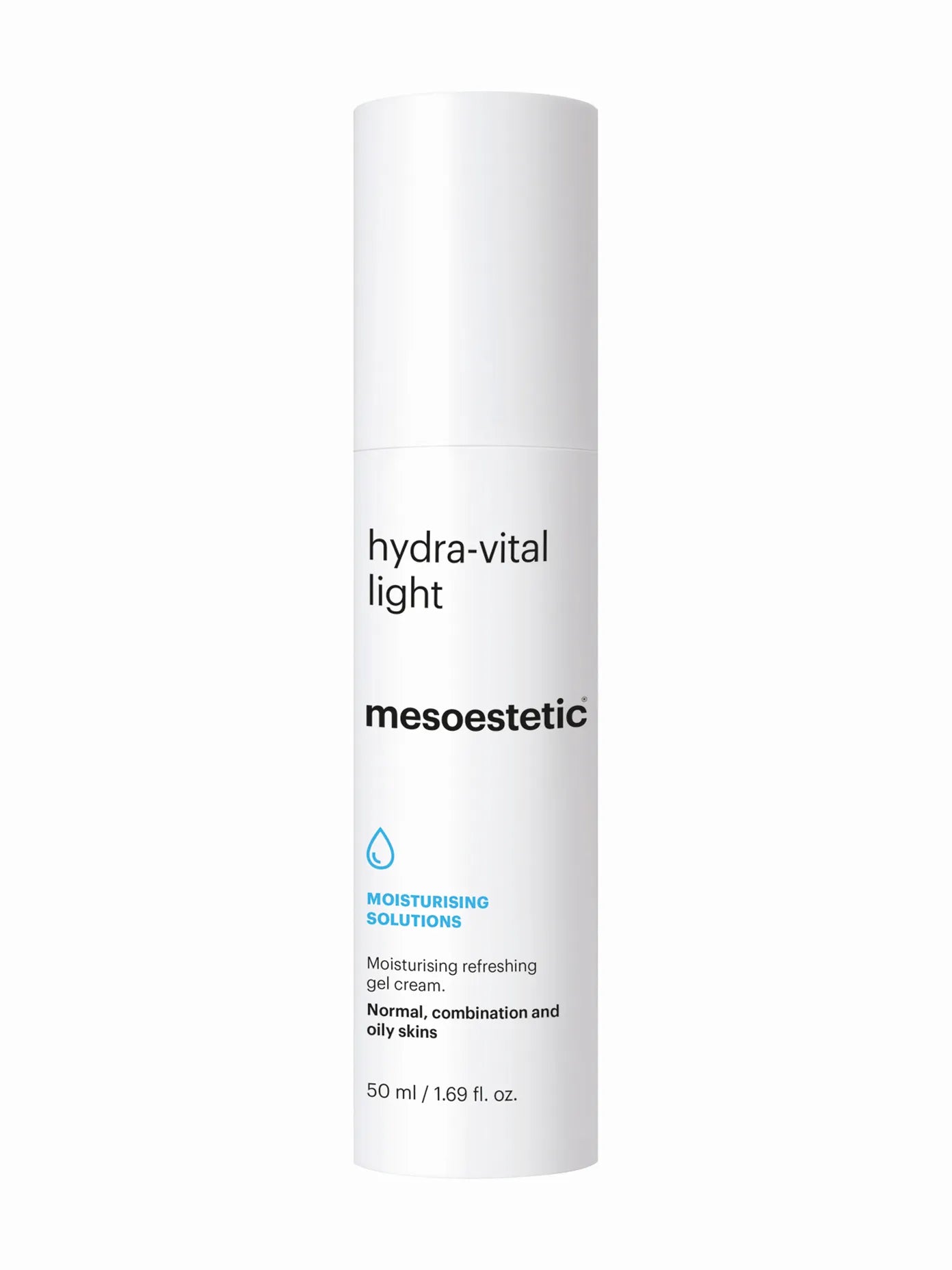 A white bottle of Mesoestetic hydra-vital light gel-cream moisturizer with a pump dispenser, labeled for combination and oily skin.