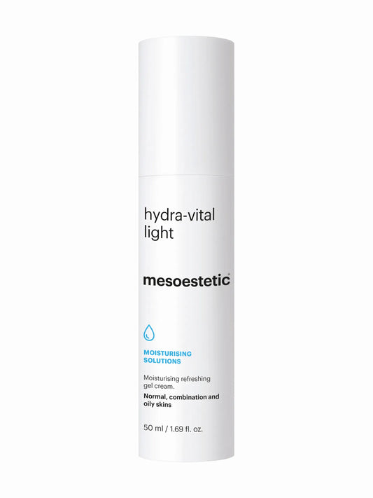 A white bottle of Mesoestetic hydra-vital light gel-cream moisturizer with a pump dispenser, labeled for combination and oily skin.