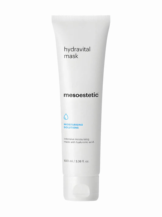 A white tube packaging labeled 'hydravital mask' by Mesoestetic.