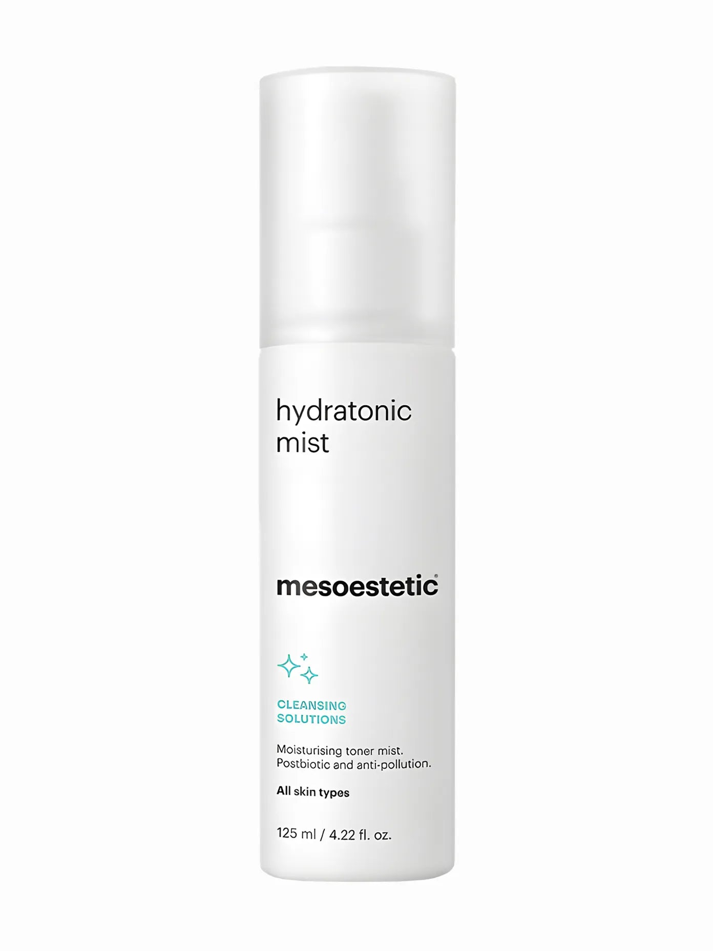 A spray bottle labeled 'Hydratonic Mist' from the Mesoestetic brand, indicating it is a moisturizing toner with 125ml capacity.