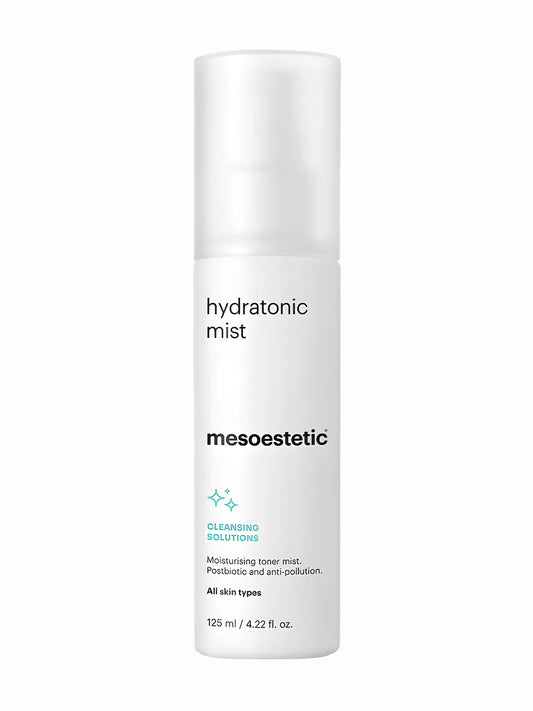 A spray bottle labeled 'Hydratonic Mist' from the Mesoestetic brand, indicating it is a moisturizing toner with 125ml capacity.