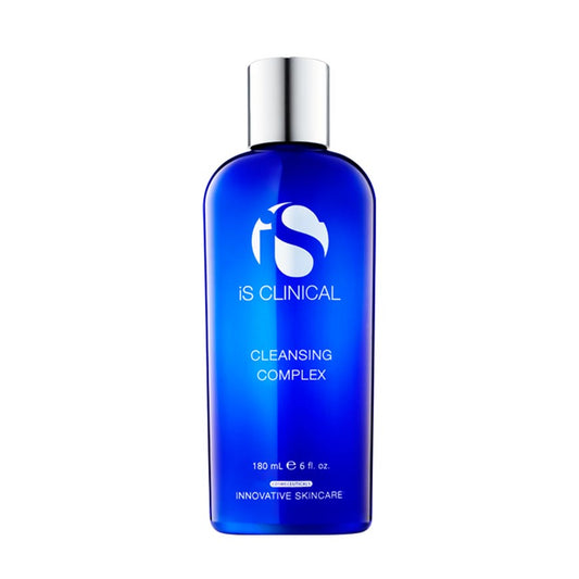 A blue bottle of iS Clinical Cleansing Complex with a white cap. The label has the brand's logo and the product name, indicating it's a skincare product.