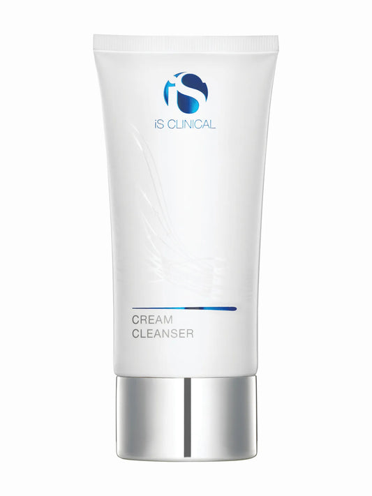 A white tube packaging of iS Clinical Cream Cleanser with a blue stripe and brand logo on the front.