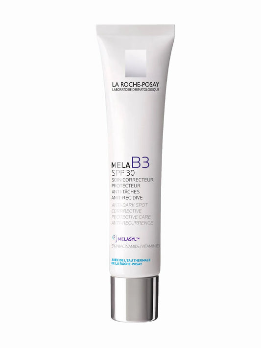 A tube of La Roche-Posay MELA B3 UV Daily Moisturiser with SPF 30, labeled in white and purple colors.