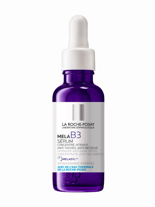 La Roche Posay dropper bottle with mela B3 serum bottle is purple with white label and white dropper lid