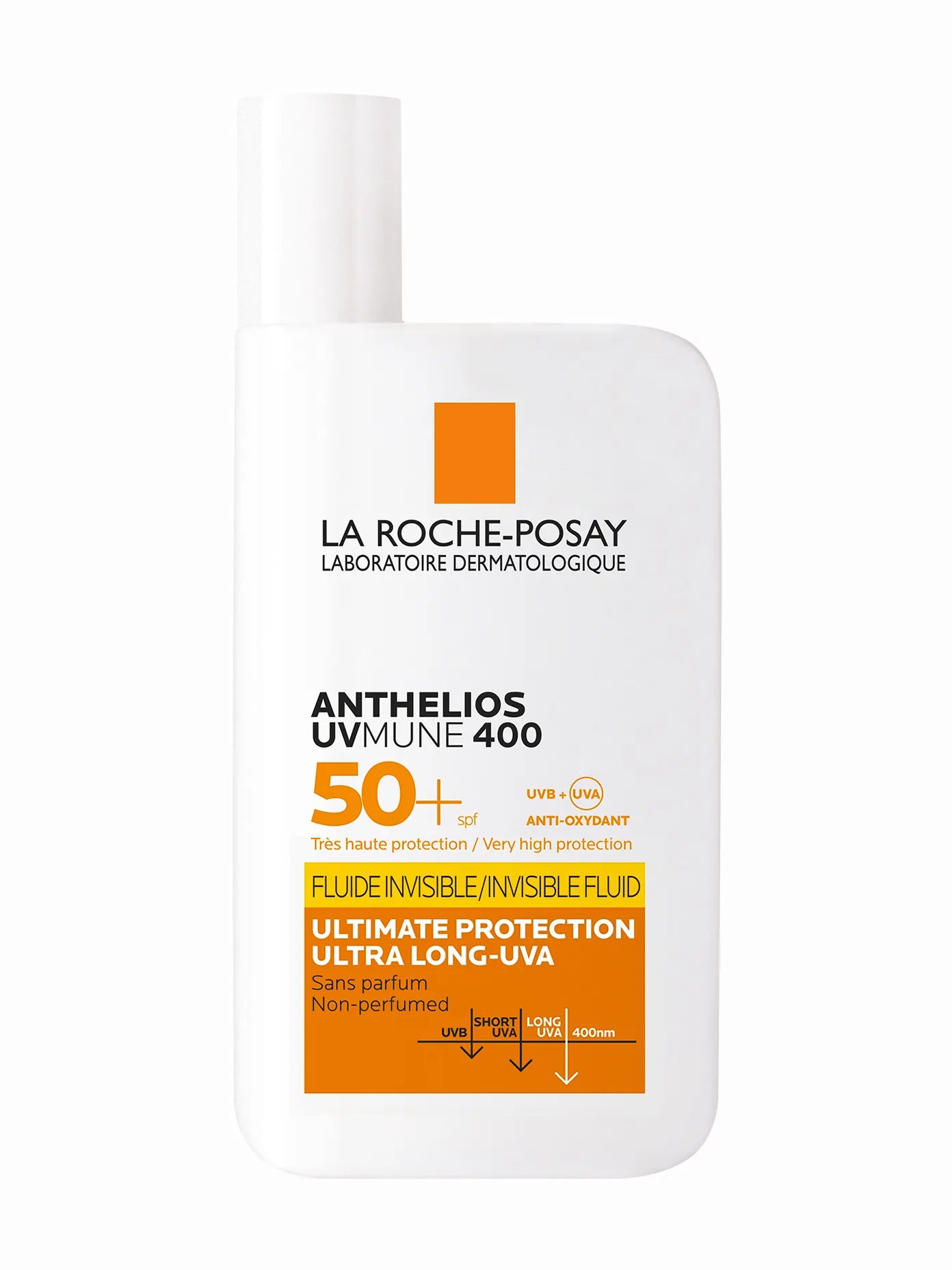 A bottle of La Roche-Posay Anthelios Invisible Fluid SPF 50+ sunscreen lotion.