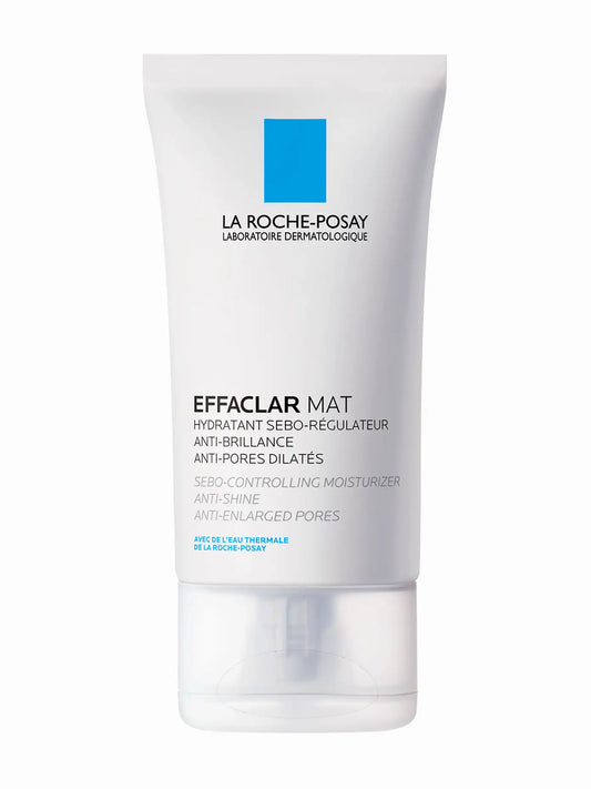 La Roche-Posay Effaclar Mat, a dual-action mattifying moisturizer in a white tube with blue and black text, indicating it is for oily and sensitive skin, with a matte finish.