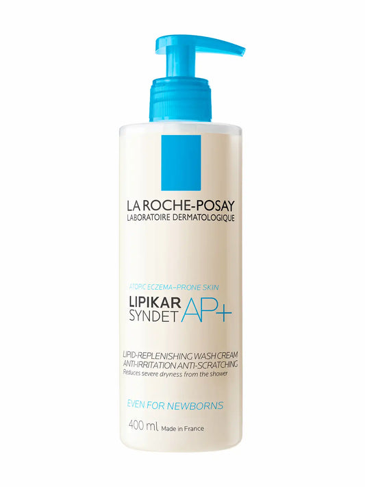 A pump bottle of La Roche-Posay Lipikar Syndet AP+, a soothing repairing body wash for eczema-prone skin.