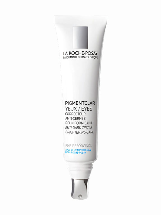 Pump action tube of La Roche Posay pigmentclar eye serum white tube with silver pump