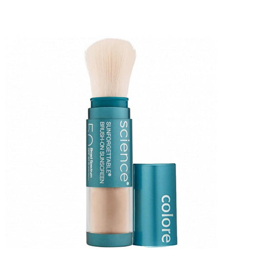 A Colorescience Mineral Sunscreen Brush with SPF 50, displayed next to its open lid, showcasing the sunscreen formula.