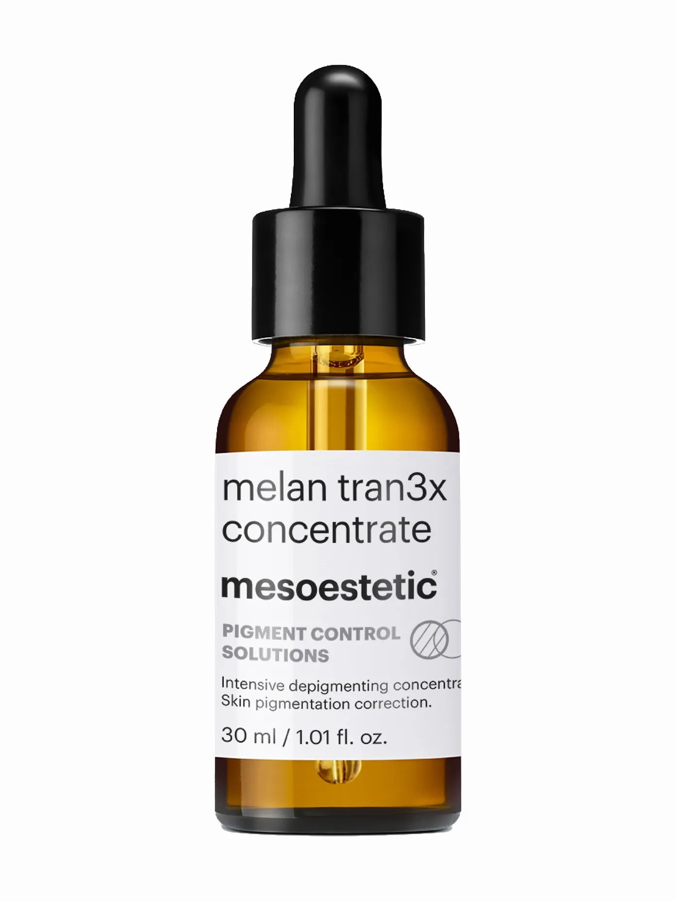 A bottle of Mesoestetic Melan Trans3x Concentrate, a pigment control serum with 30ml capacity.