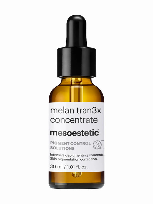 A bottle of Mesoestetic Melan Trans3x Concentrate, a pigment control serum with 30ml capacity.