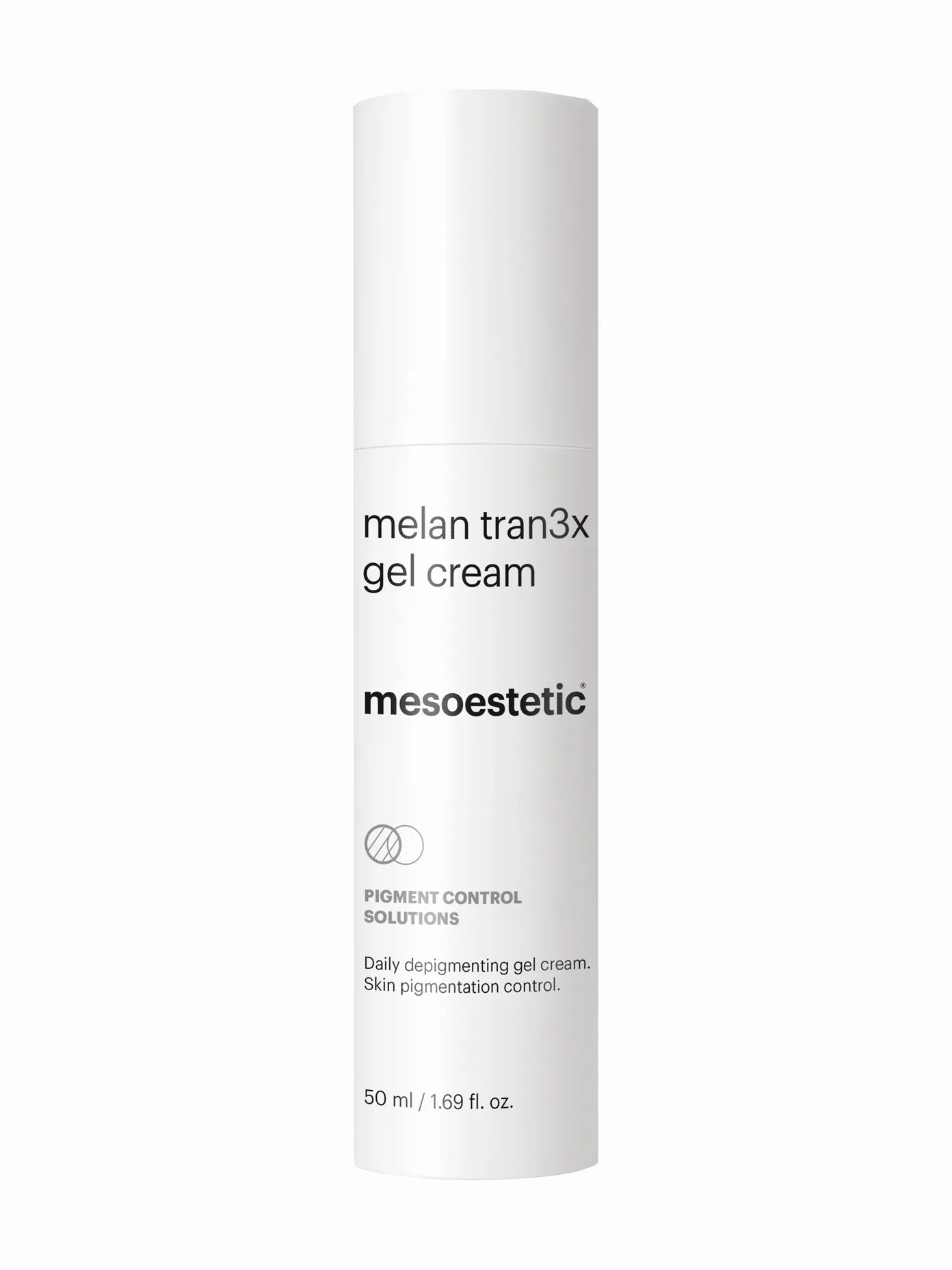 A bottle of Mesoestetic melan tran3x gel-cream designed for skincare, specifically to reduce hyperpigmentation.