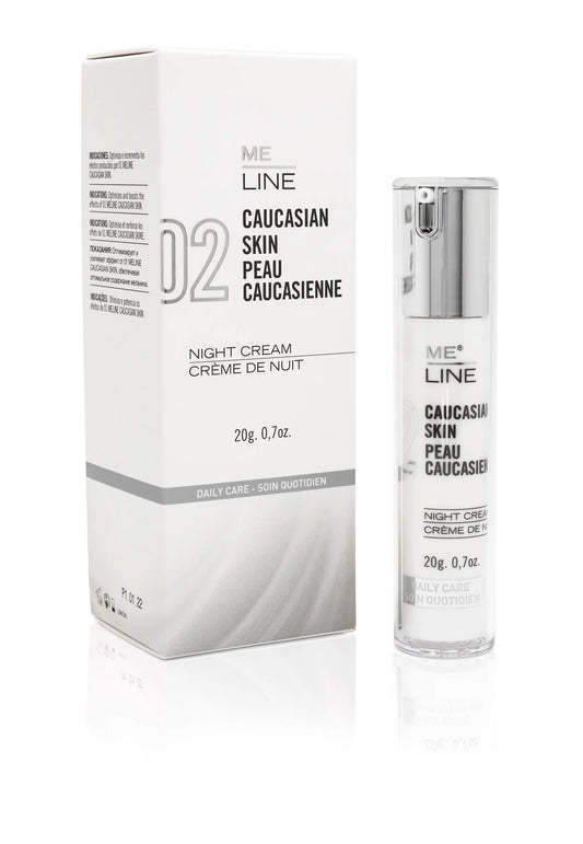A product image showing ME Line Caucasian Skin Night cream packaging and the cream container itself, with the packaging indicating the cream is for night use and contains 20g of the product.