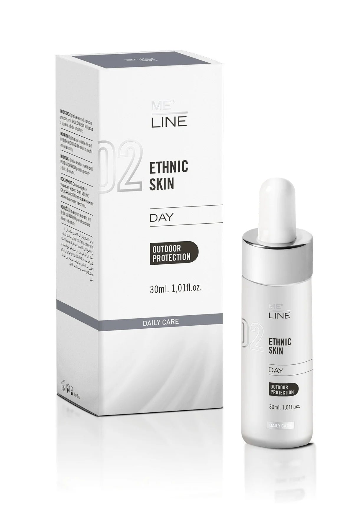 A product packaging and bottle for ME Line Ethnic Skin Day serum, with the main color being white and grey, indicating a clinical or professional use.