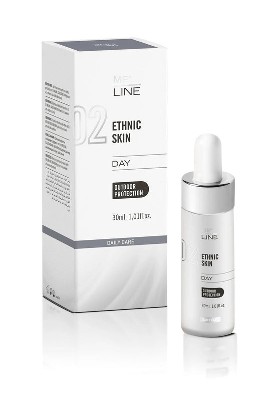 A product packaging and bottle for ME Line Ethnic Skin Day serum, with the main color being white and grey, indicating a clinical or professional use.