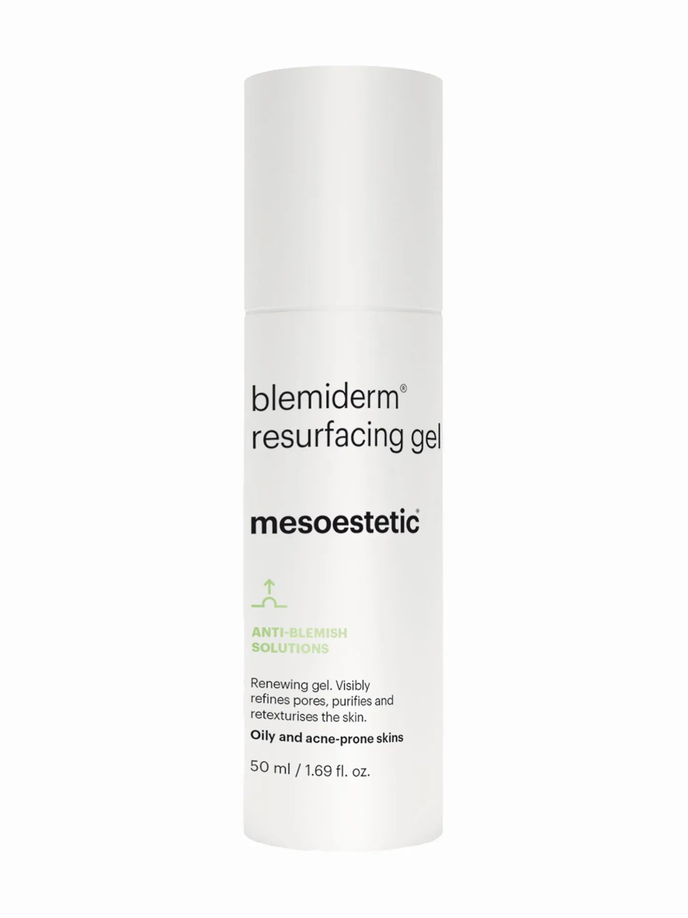 A white pump bottle labeled 'blemiderm resurfacing gel' with green and grey text, indicating the product is for acne treatment.