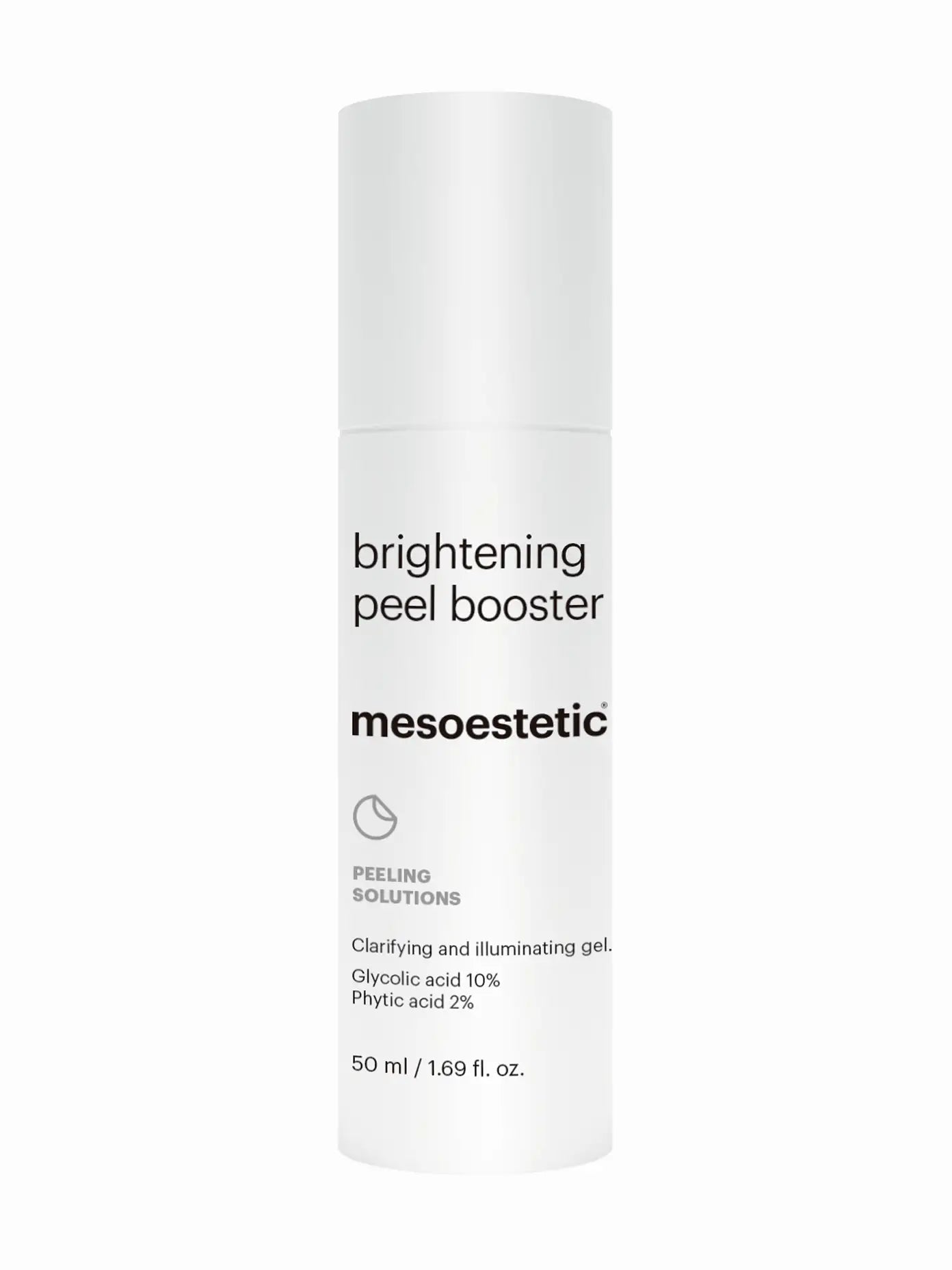 A white bottle with a pump dispenser labeled 'brightness peel booster' from the brand Mesoestetic.