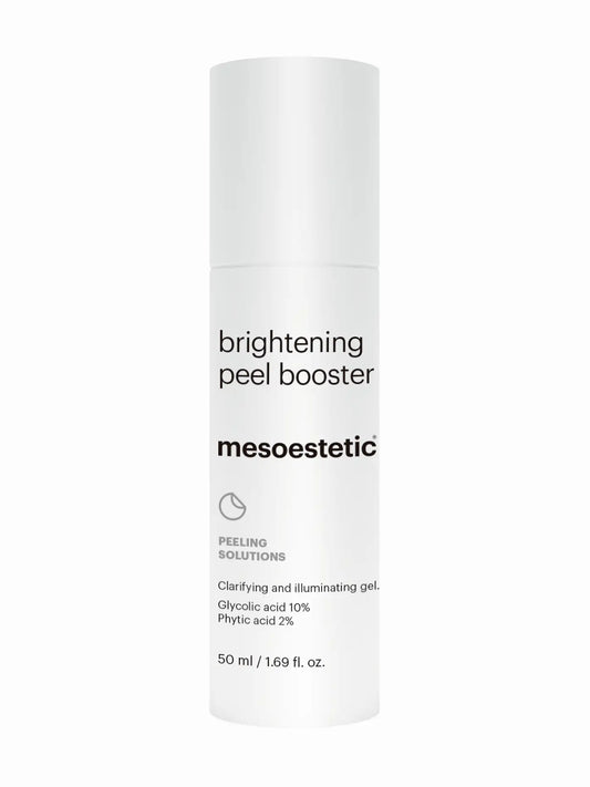A white bottle with a pump dispenser labeled 'brightness peel booster' from the brand Mesoestetic.