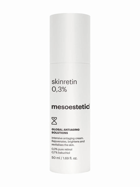 A white pump bottle labeled 'skinretin 0.3% mesoestetic' indicating a global anti-aging solution for the skin.