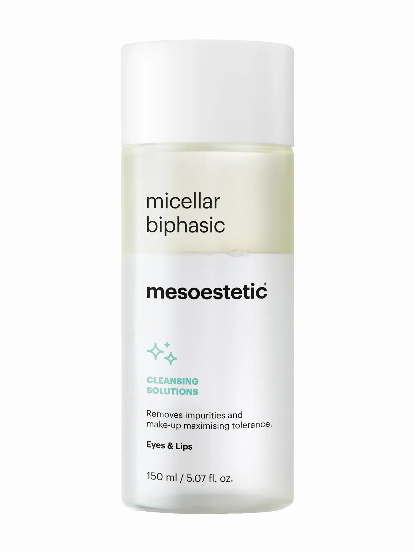 A clear plastic bottle with a white label, labeled as 'Micellar Biphasic' from the brand Mesoestetic, indicating it is a make-up remover product for the eyes and lips.