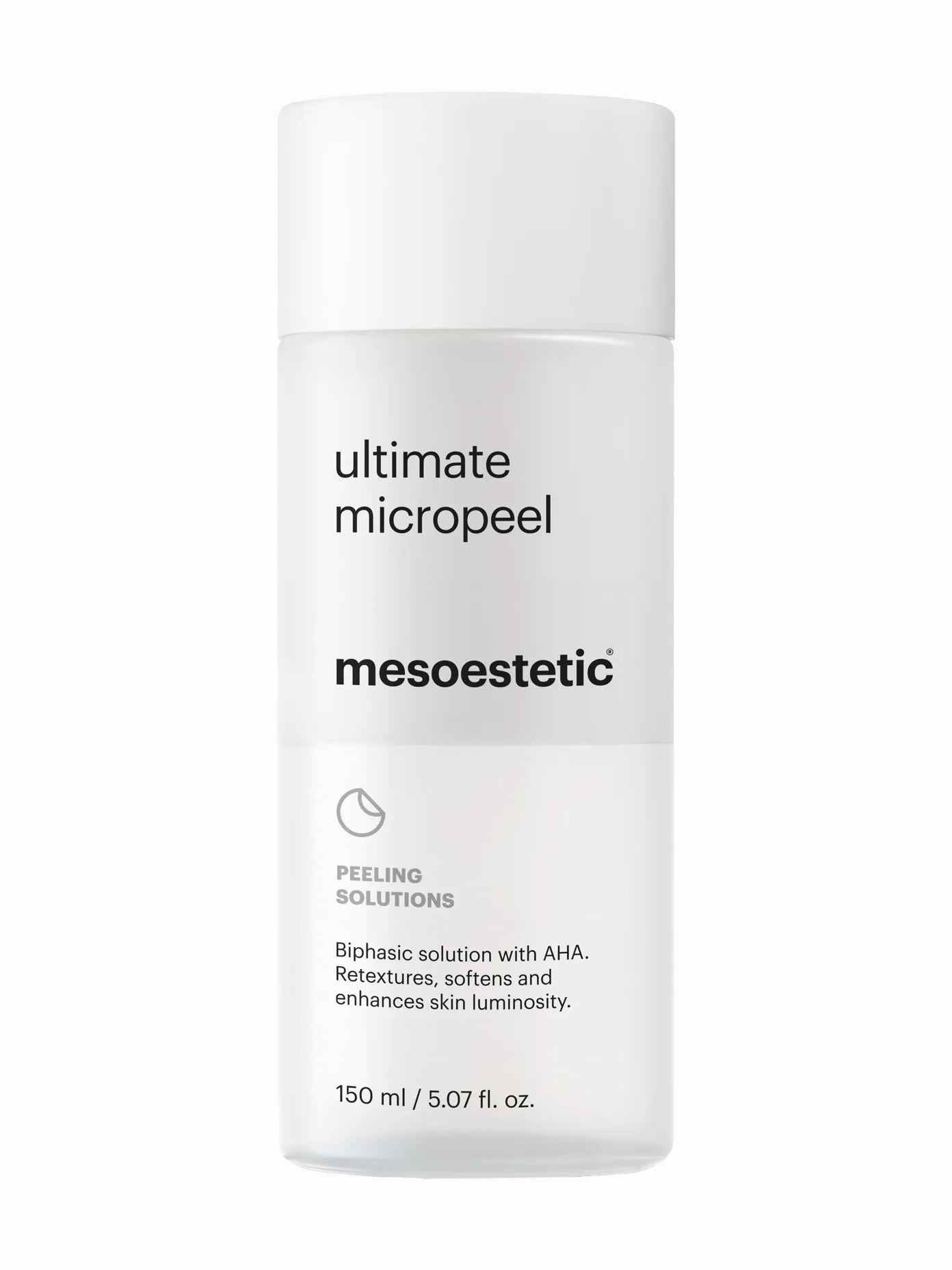 A bottle of Mesoestetic ultimate micropeel skincare product with a white label and cap, intended for exfoliating the skin.