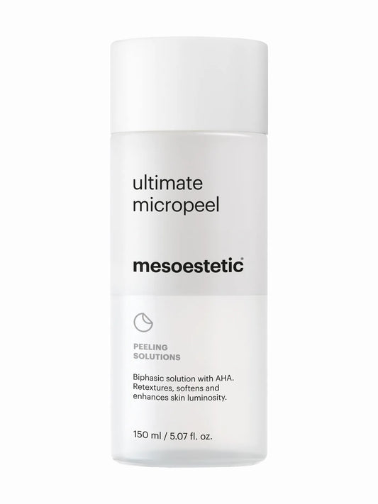 A bottle of Mesoestetic ultimate micropeel skincare product with a white label and cap, intended for exfoliating the skin.