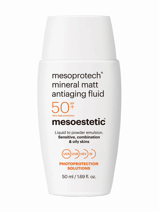 A bottle of Mesoestetic Mesoprotech Mineral Matt Fluid 50+ anti-aging sunscreen with a matte finish. Packaging is white with orange and black text detailing the product information.