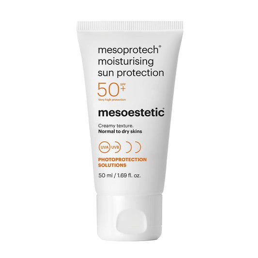 A tube of Mesoprotect Moisturising Sunblock with SPF 50, labeled as 'High Protection', 'Creamy', and 'Normal Dry Skin'. The packaging is primarily white with orange accents and text.