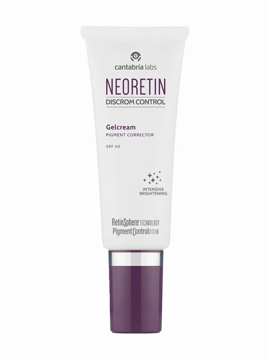 Neoretin GelCream SPF 50 in a white tube with a purple cap, labeled for skin discromat control.