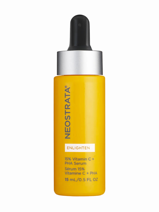 A pump bottle of NeoStrata 15% Vitamin C +PHA Serum with yellow packaging.
